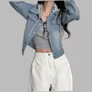 여자 2컬러 슬림핏 크롭 탈부착 후드 청 데님자켓