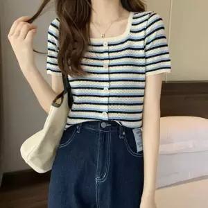 반팔니트 여자 스퀘어넥 배색 3컬러 단가라 가디건