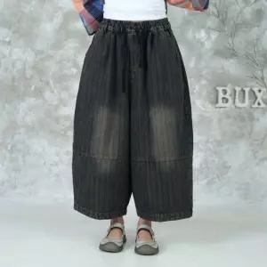 벅시루 세로결 빈티지 여성 체형커버 허리밴딩 배기 8부 통큰 청바지