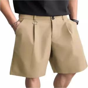 OYOANGLE 남성 클래식 플리트 프론트 골프 반바지 지퍼 플라이 엘라스틱 허리밴드 비즈니스 캐주얼