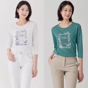 지센 여성 린넨 혼방 원포인트 라운드 7부 티셔츠 LCTSP321