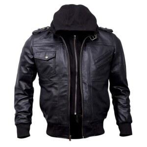 남성용 순정 블랙 후드 폭격기 가죽 재킷 탈부착 가능한 후드가 있는 램스킨