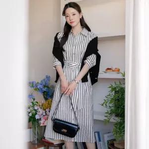 [시크라인] (~XXL까지) 이르미아 스트라이프 셔츠 벨트원피스 봄 가을 하객룩 오피스룩 모임룩 격식룩 빅사이즈