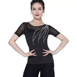 댄스큐빅시스루티셔츠 칠부 탱고 라틴 자이브 반팔 티셔츠 왈츠 댄스 라인댄스복