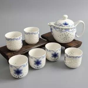 청화백자 투각 호접화 다관+잔6 경덕진 다기세트 다도 다기세트 중국다기