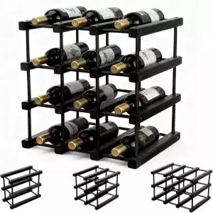 스팔리브르 12병 나무 와인 랙 스태커블 모듈형 DIY 조립 보관 내부 캐비닛 및 조리대용 병 홀더(블랙)