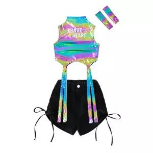 댄스복 방송 아이돌 무대 의상 발표회 여자 재즈 댄스 세트 배꼽 리본 탑 드로우 스트링 반바지 힙합 공연