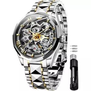 OUPINKE 남성용 스켈레톤 기계식 고급 드레스 자동 셀프 와인딩 사파이어 크리스탈 방수 텅스텐 스틸 밴드