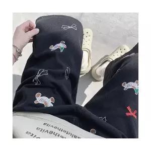 남성 데님반바지 빈티지 칠부 데님 반바지 강아지 자수 바지 슬림핏 캐주얼 와이드 스포M1