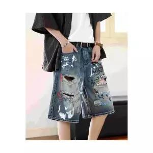 남성 데님반바지 그래피티 찢청 반바지 와이드 부 스포M1