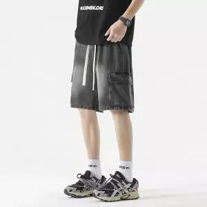 남성 데님반바지 청반바지 하이스트리트 멀티 포켓 카고 청 남인스밴드 와이드 5부 팬츠 스포M1