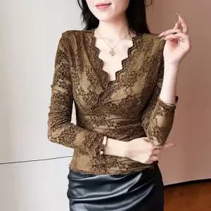 검정 여성용 망사 봄 데일리 롱루즈핏티 브이넥 레이스 티셔츠 이너탑 SPO마켓1