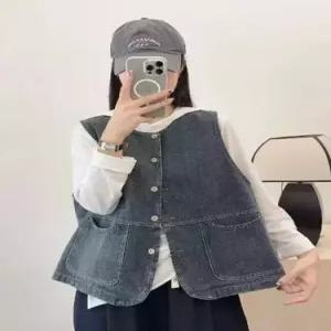 여친 데님 빈티지 라운드 싱글 슬리브리스 조끼 좋은 톱 포켓 코디 SPO마켓1