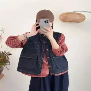 여성용 데님 빈티지 캐주얼 민소매 좋은 톱 빅 싱글 라운드 코디 조끼 포켓 SPO마켓1