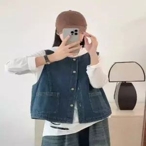 청 여친 빈티지 캐주얼 민소매 좋은 순정 톱 라운드 투포켓 조끼 코디 싱글 SPO마켓1