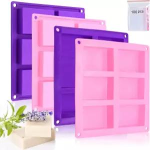 Bangp 4팩 실리콘 비누 몰드 직사각형 공예용 제작용 캐비티 6개 초콜릿 케이크 100개 3.5x5인치 봉지 포함