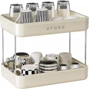 UFORU 카운터탑 커피 스테이션 정리함 2단 와인잔 홀더 탈착식 배수 트레이가 있는 머그 선반 주방용