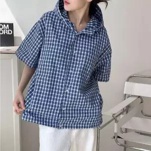 [신상오픈런]여성 여름 루즈핏 체크 후드 반팔 셔츠 (33143050)