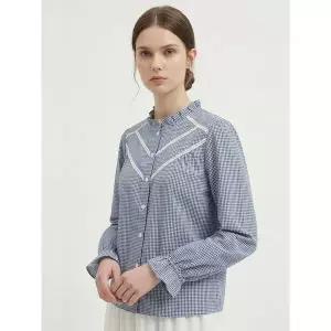 [하프클럽/샵앤]여성 프릴 라운드넥 고방체크 긴팔 블라우스 MSE-WBL-21132-네
