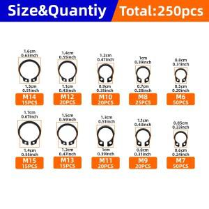 250pcs 구색 키트 세트 M6 ~ M15 검정색 65mn 샤프트 베어링 고정 클립 스냅 링 C 유형 외부 서