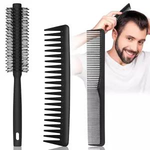 3PCS 빗 세트 남성용 헤어 미세하고 넓은 이빨 볼륨을 더하기 위한 롤러 브러시 스타일링 및 그루밍을