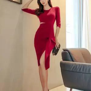 치마 원피스 여성 앞트임 라운드 프릴 랩스커트 허리라인 슬림 여자원피스 KS5