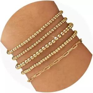 여성용 쇼니 골드 비즈 팔찌 14K 도금 스트레치 볼 저자극 스태커블 세트