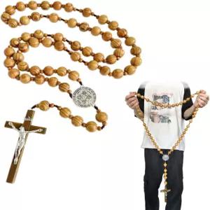 보비미 수제 나무 벽 십자가와 산 베니토 42인치 대형 십자가 빅 브라운 우드 묵주 구슬 가톨릭 장식 선물