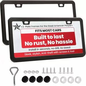 2개의 구멍이 있는 프리미엄 매트 블랙 번호판 프레임 2팩 녹슬지 않는 알루미늄 금속 홀더 나사 액세서리