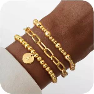 여성용 골드 팔찌 스트랜드 비즈 이니셜 AZ 레터 스택 세트 14K 도금 비드 볼 주얼리 선물