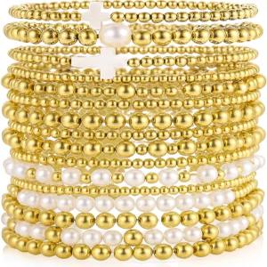 여성용 16개의 PCS 골드 비드 진주 팔찌 도금된 스트랜드 볼 스택 조절 가능한 선물용 주얼리 세트를