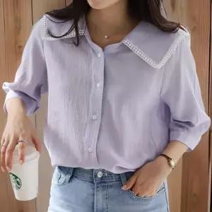 [신상오픈런]여성 빅사이즈 레이스 세라카라 칠부 소매 단추 블라우스 (32776954)