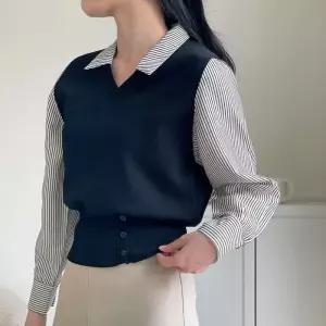 [신상오픈런]블루종 브이넥조끼 슬림핏 레이어드 스트라이프셔츠 (31977364)