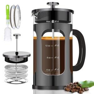 YMMIND 프렌치 프레스 커피 메이커(21온스 600ML 3-4컵) 커피 프레스, 4개의 필터 시스템, 내열 두께 붕규산 유리, 콜드 브루 커피 티 포트 선물(브라이트 블랙)