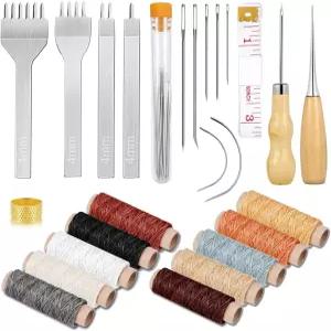 초보자를 위한 구멍 펀치 재봉 도구 왁스 실 큰 눈 스티칭 바늘이 포함된 크리도즈 35개 가죽 파우치 키트