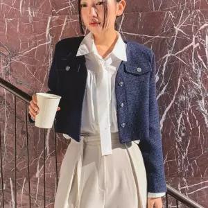 [신상오픈런]크롭트위드자켓 v넥 노카라 분홍 크림 봄아우터 (30462797)