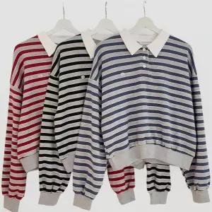 [신상오픈런]여성 박시핏 배색 카라넥 스트라이프 맨투맨 (41564438)