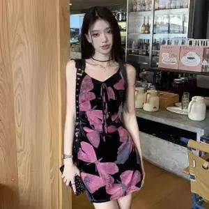 [의류] 루어스핑원피스 나비 프린팅 나시 리본 끈조절 미니