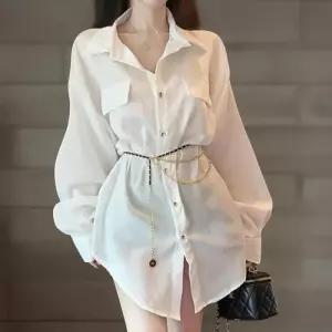 [신상오픈런]여성 카라넥 루즈핏 미니 원피스 체인 스트랩 포켓 디자인 (40854975)