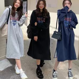 영문 레터링 옆트임 따뜻 기모 안감 여자 후드 원피스