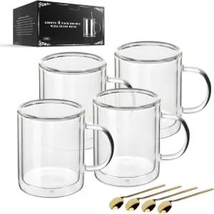 LIBWYS 12온스 이중벽 커피 머그잔(4팩) - 에스프레소 카푸치노 라떼용 손잡이가 있는 단열 보로실리케이트