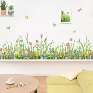 원더버 그린 그래스 플로럴 월 코너 스티커 야생화 나비 베이스보드 스킷팅 라인 데칼 거실용 (W 62인치)