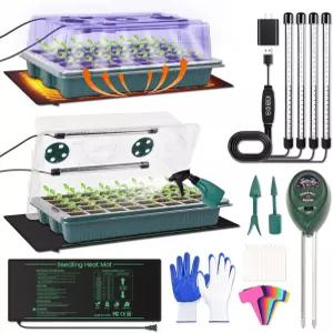 리카니 2팩 80셀 씨앗 스타터 트레이 습도 돔이 있는 식물 키트 자동 타이머 실내 온실 정원 가꾸기용 밝기