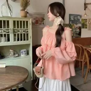 [의류] 앞 뒤 어깨 스트링 소매벌룬 오프숄더 프릴 블라우스