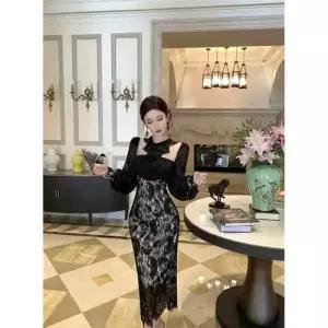 가을 치마 원피스 여성용 레이어드 원 긴팔 레이스 펀칭 치파오 SPO마켓3