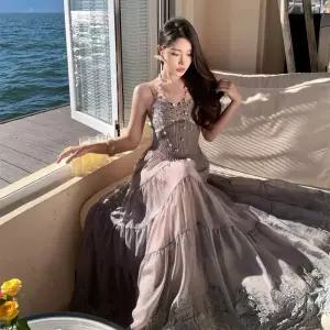 원피스 치마 여성 빈티지 스팽글 슬림핏 나시 프렌치 레이스 레이어드 롱스커트 SPO마켓1