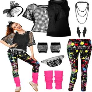 CICOCI 80년대 여성용 Neno 파티 피쉬넷 탑 1980년대 의상 액세서리 세트 레트로 레그 워머 헤드밴드