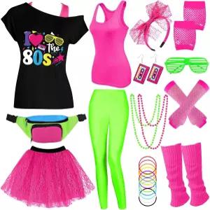 80년대 의상 여성 액세서리 세트 티셔츠 탱크 탑 레깅스 투투 스커트 패니 팩 할로윈 네온 파티