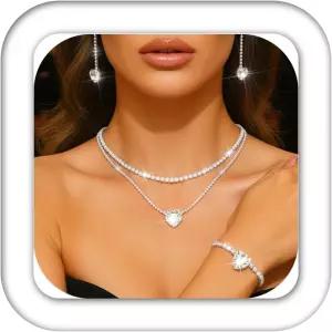 Aukmla 웨딩 주얼리 세트 실버 라인스톤 하트 목걸이 귀걸이 팔찌 여성 및 신부를 위한 코스튬