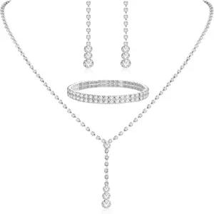 Jstyle 실버 신부 결혼식 주얼리 세트 크리스탈 목걸이 팔찌 당글 귀걸이 들러리 라인스톤 프롬 코스튬